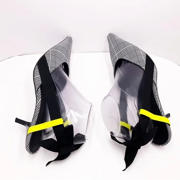 {Zara} Gray Plaid Slingback Bow Kitten Heels - Picture 14 of 16
